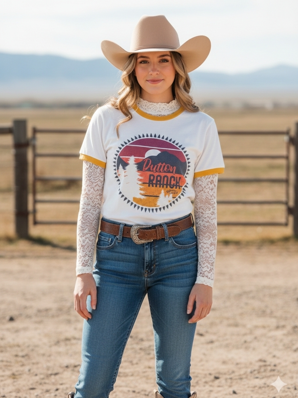 Dutton Ranch White Short-Sleeve Ringer Tee with Yellow Trim